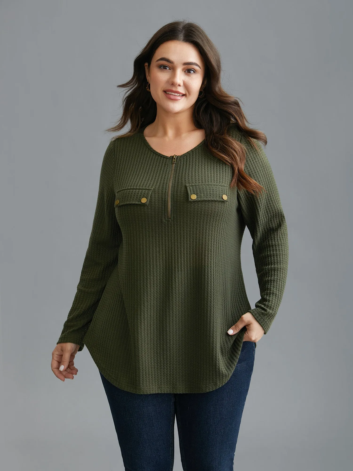 Half Zipper Flap Detail Pockets Knit Top sold by Bloomchic product image thumbnail 3