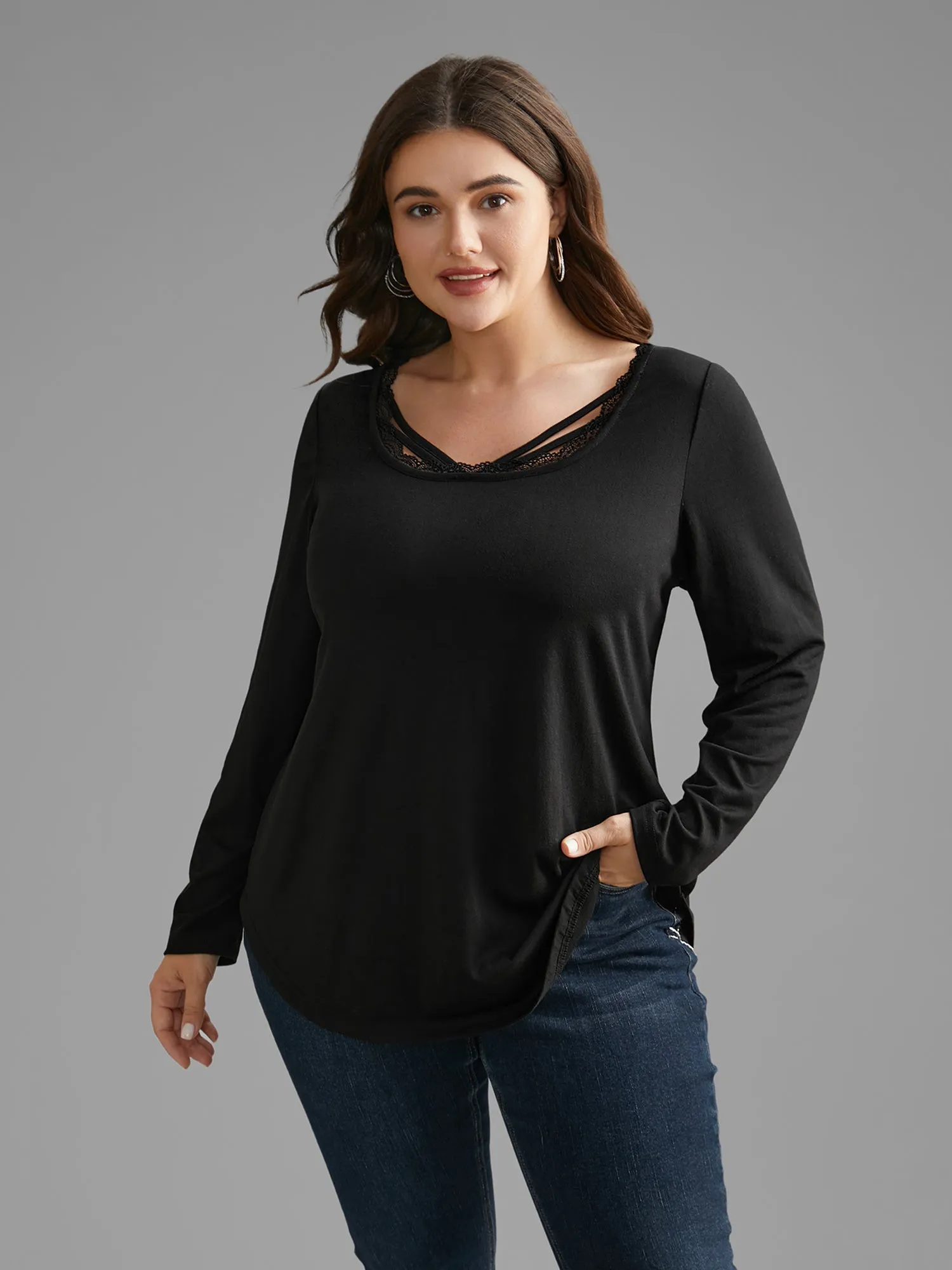 Plain Lace Patchwork Crisscross T-shirt sold by Bloomchic