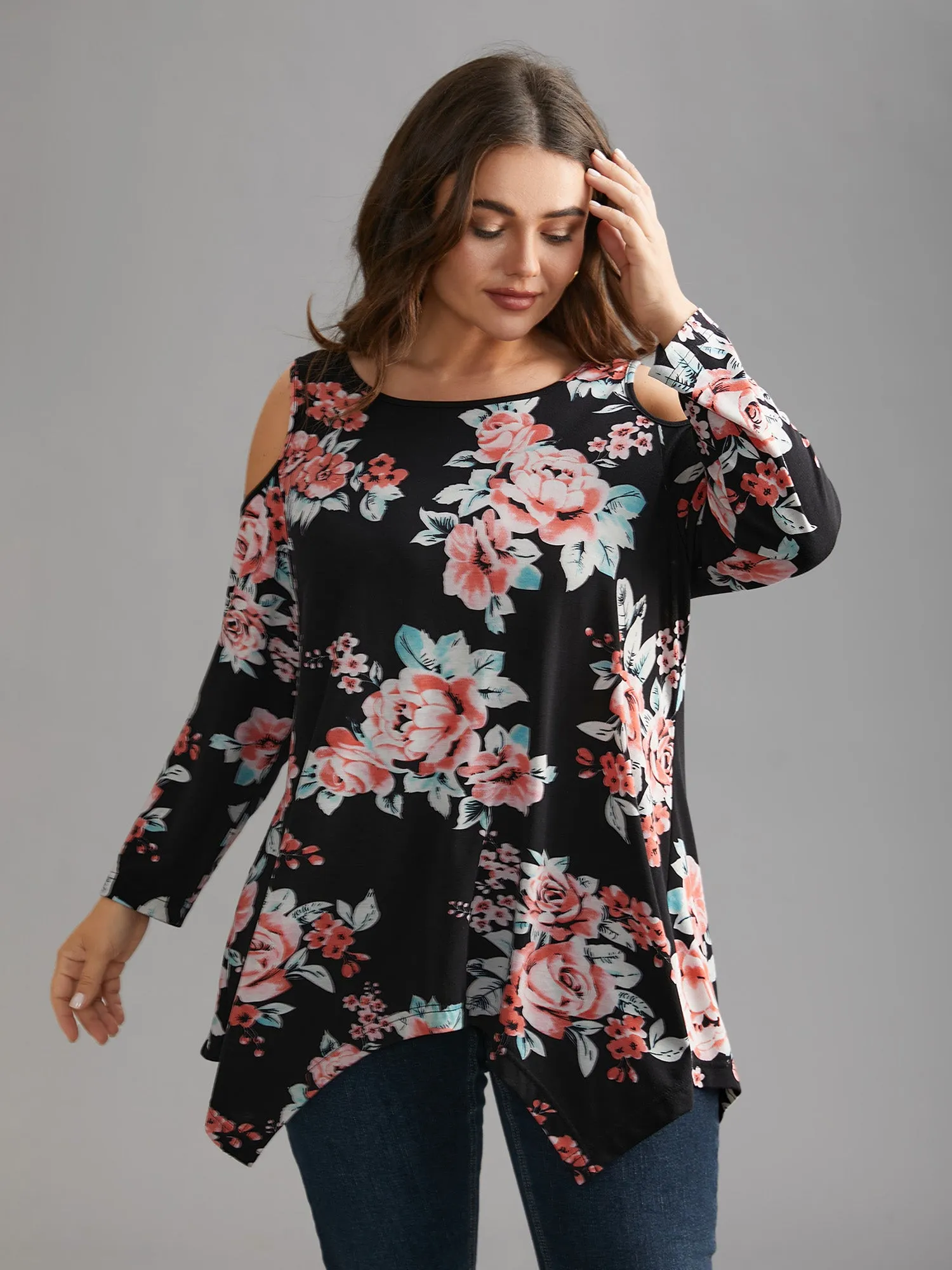 Floral Print Shoulder Cut-Out T-shirt sold by Bloomchic product image thumbnail 2