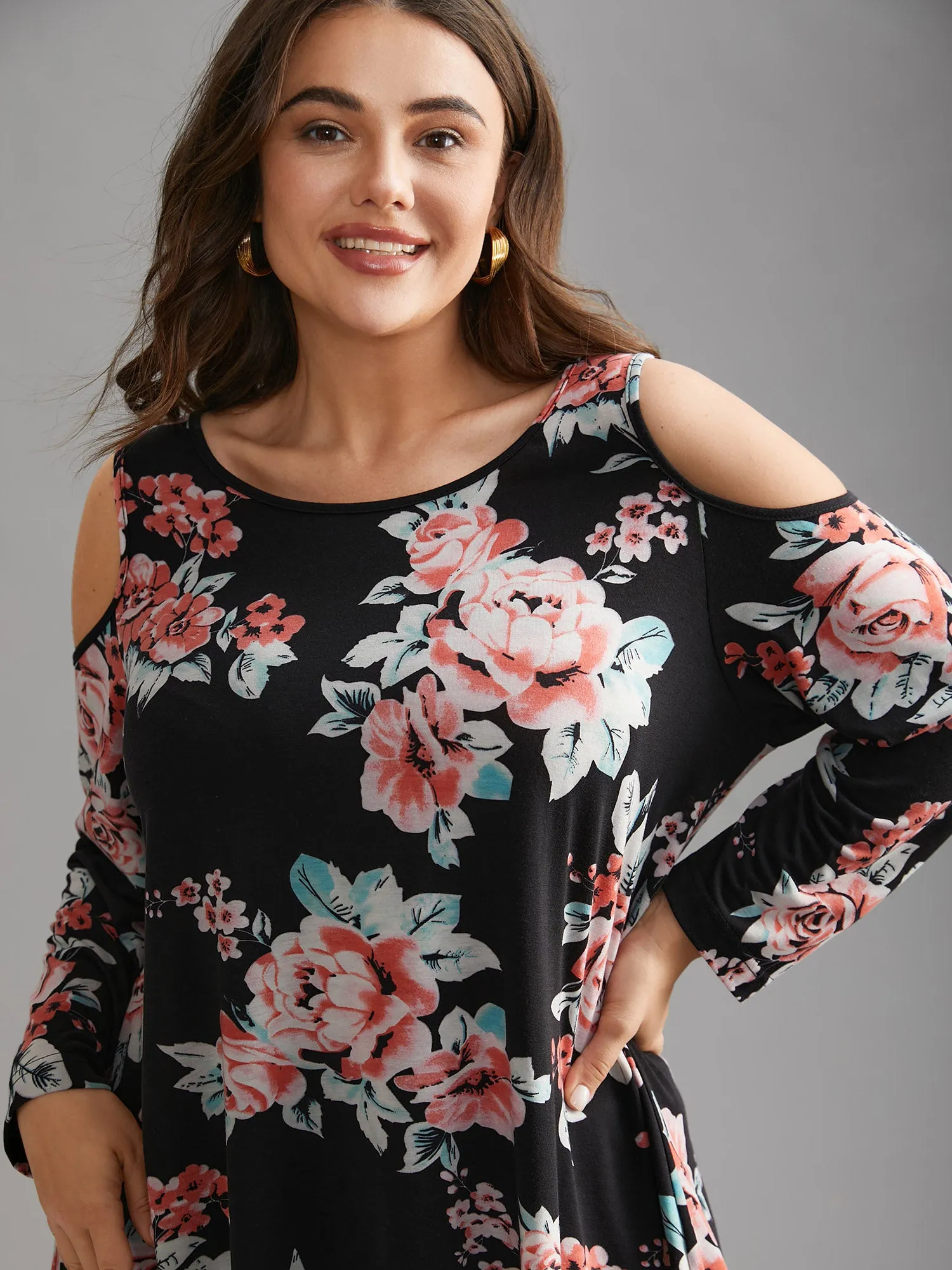 Floral Print Shoulder Cut-Out T-shirt sold by Bloomchic product image thumbnail 3