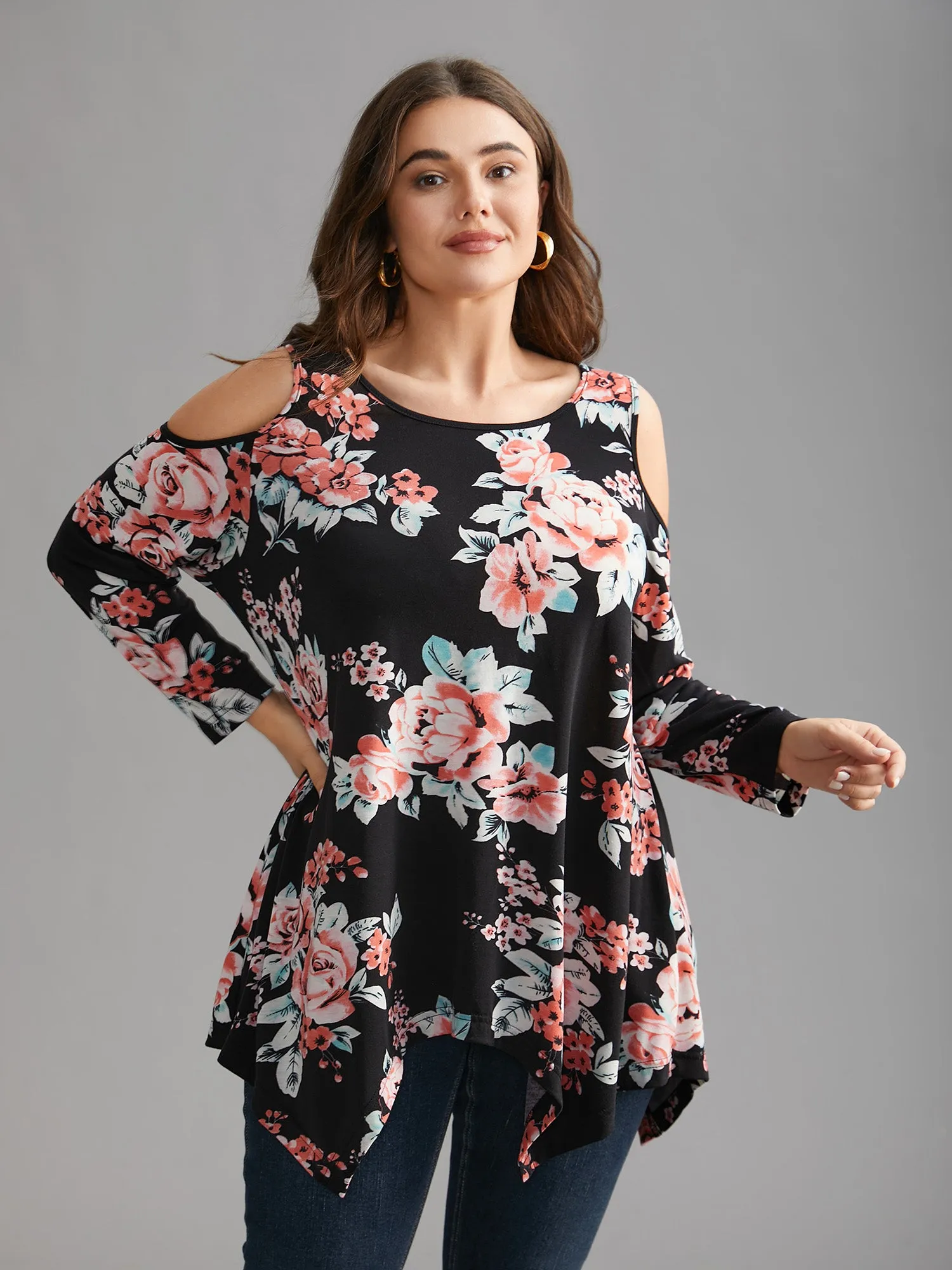 Floral Print Shoulder Cut-Out T-shirt sold by Bloomchic