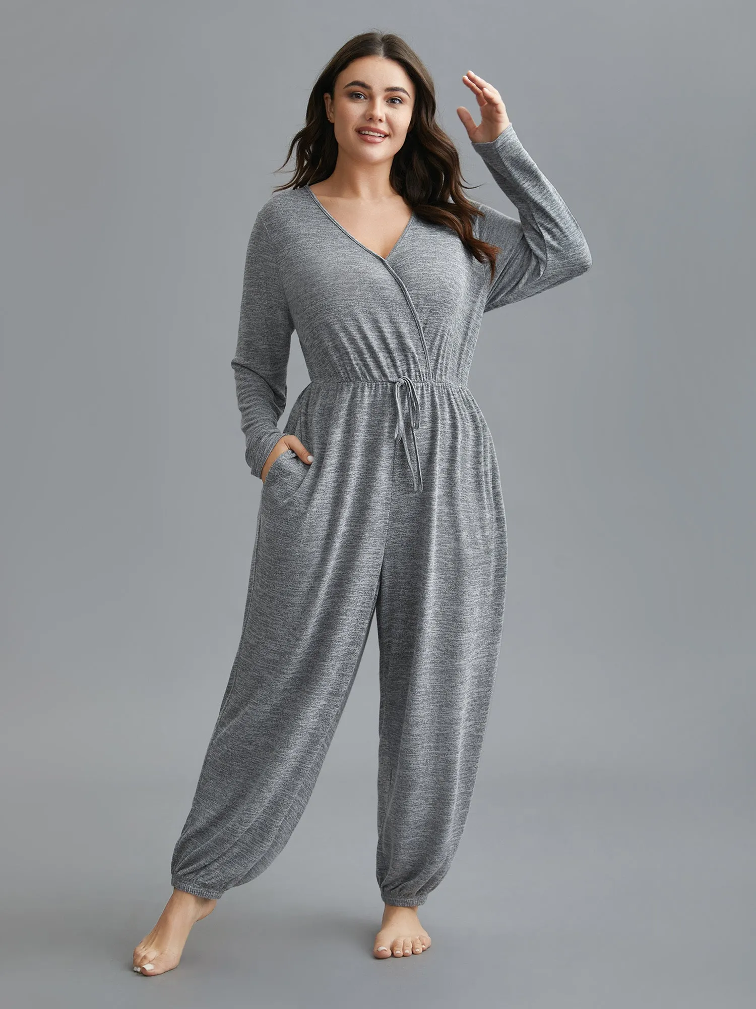 Elastic Waist Overlap Collar Lounge Jumpsuit sold by Bloomchic product image thumbnail 3