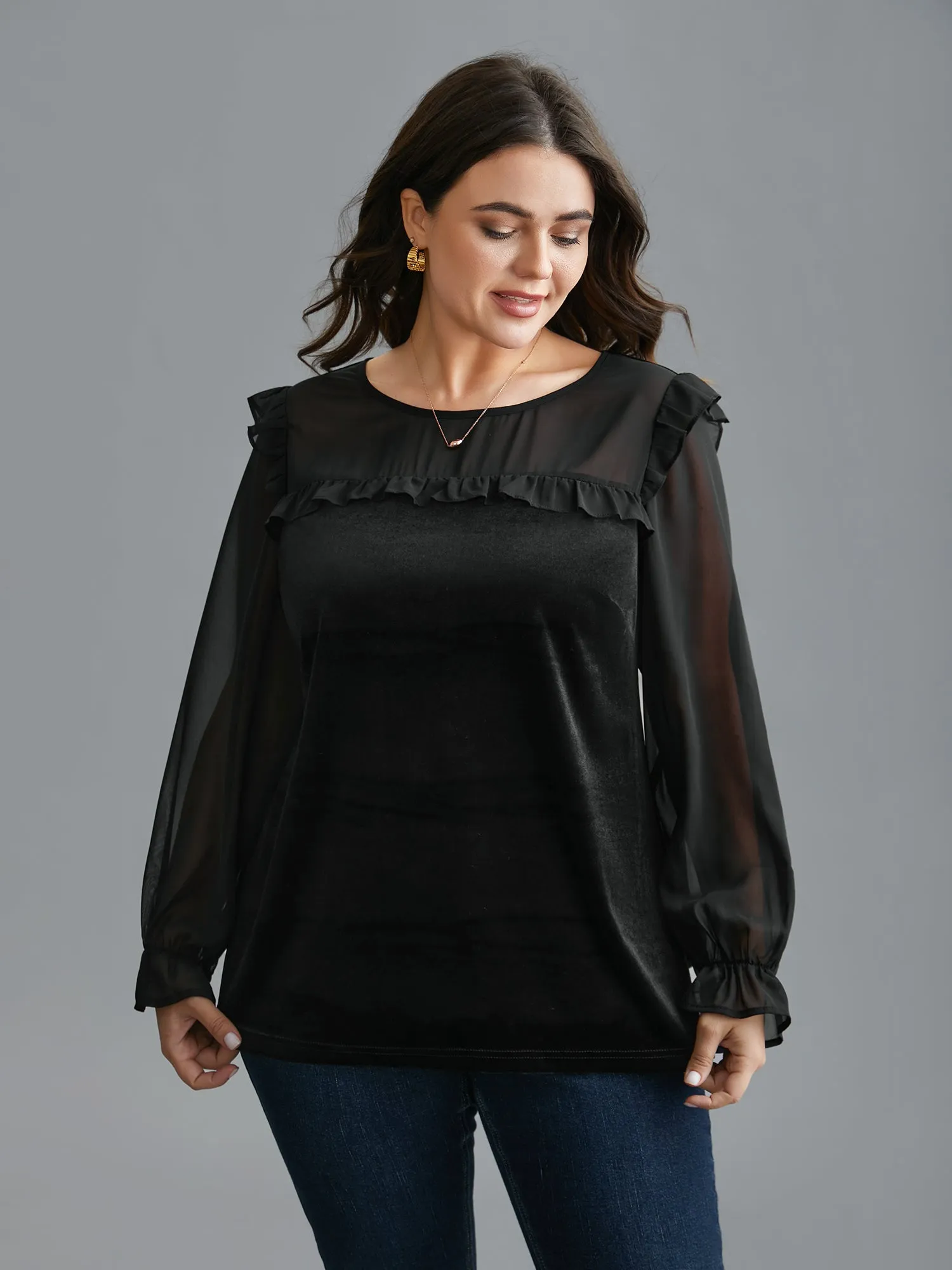 Ruffle Detailing Sheer Elastic Cuffs Blouse sold by Bloomchic product image thumbnail 4