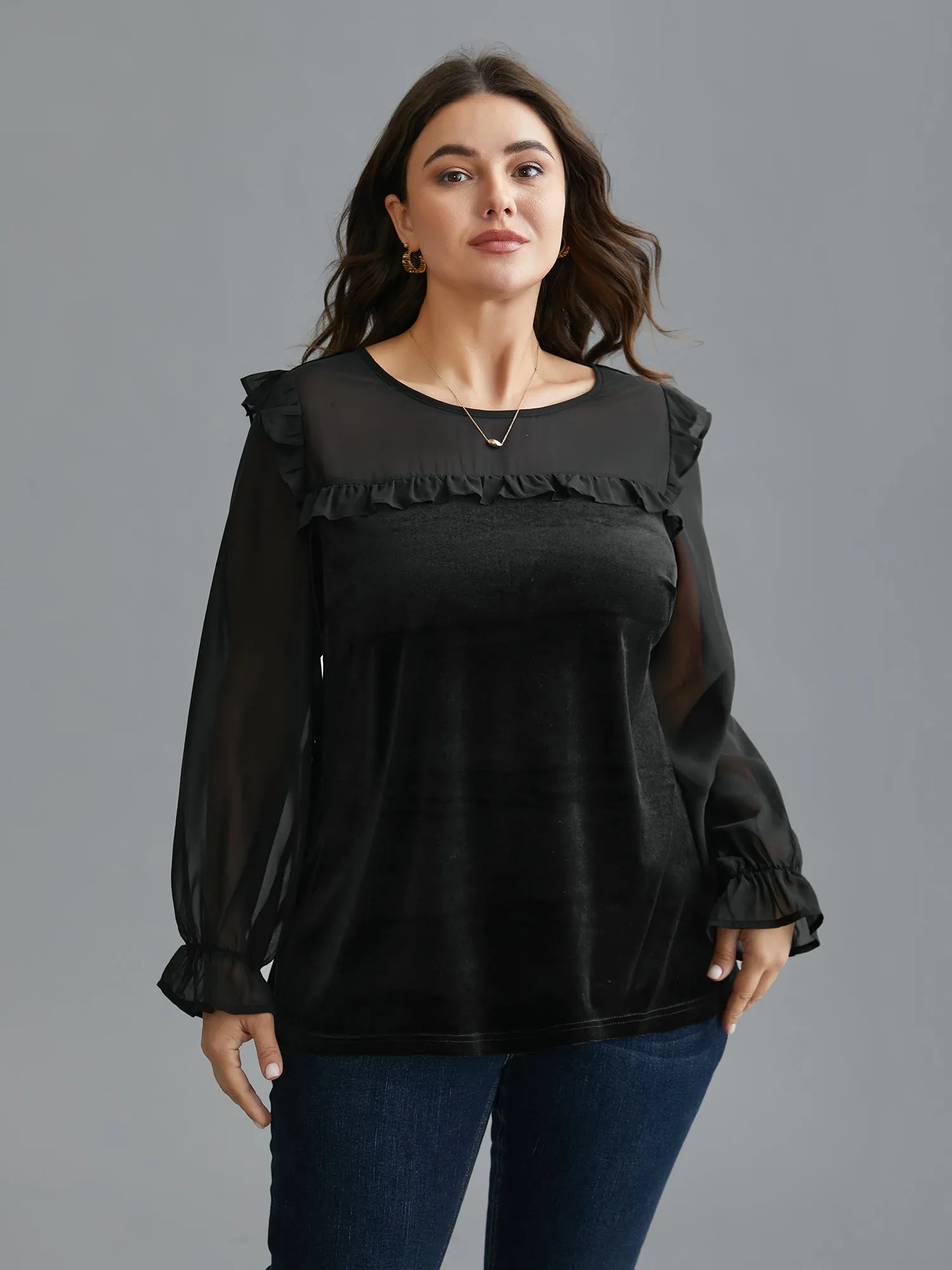 Ruffle Detailing Sheer Elastic Cuffs Blouse sold by Bloomchic