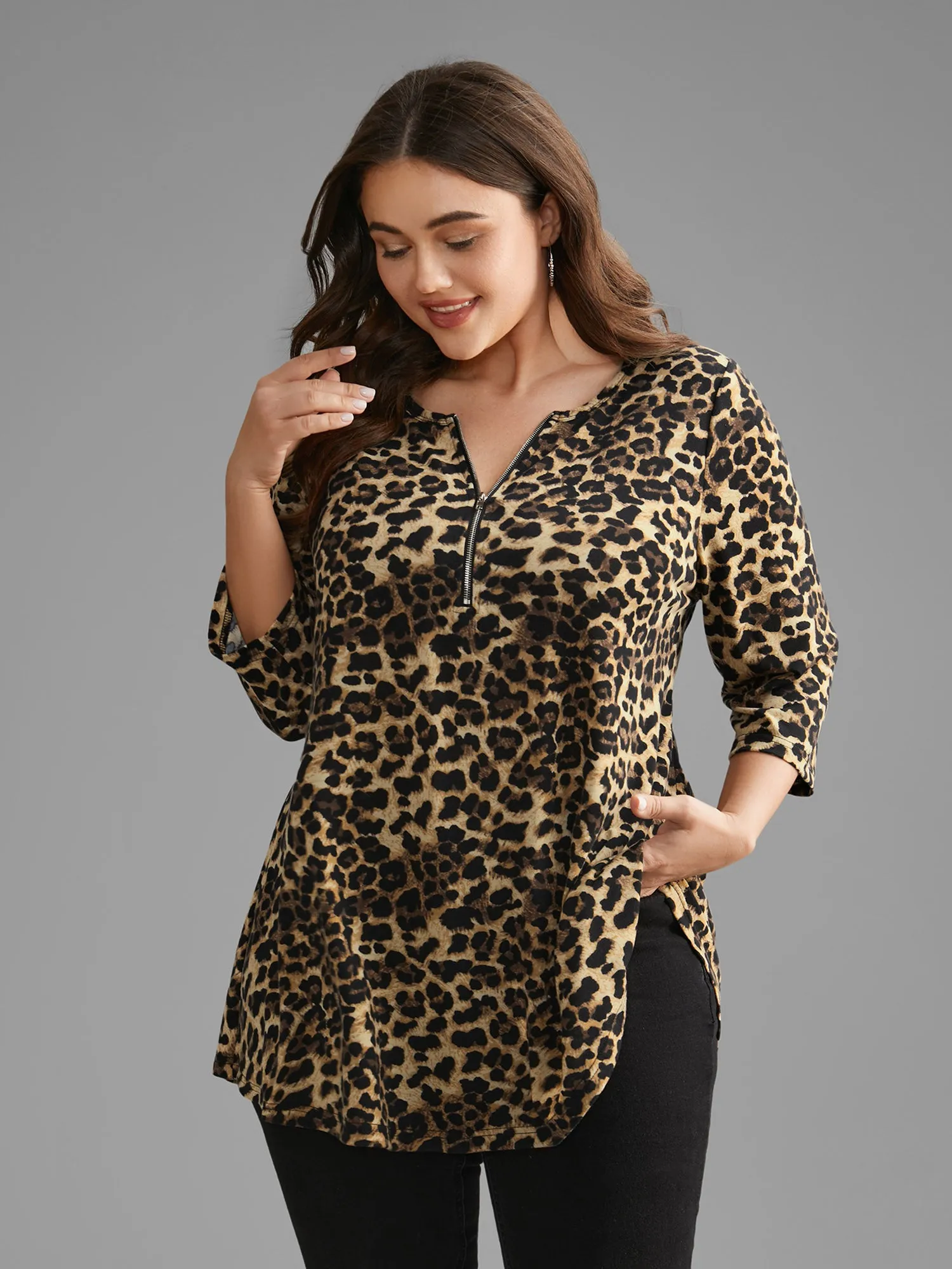 Leopard Print Half Zipper Arc Hem T-shirt sold by Bloomchic product image thumbnail 2