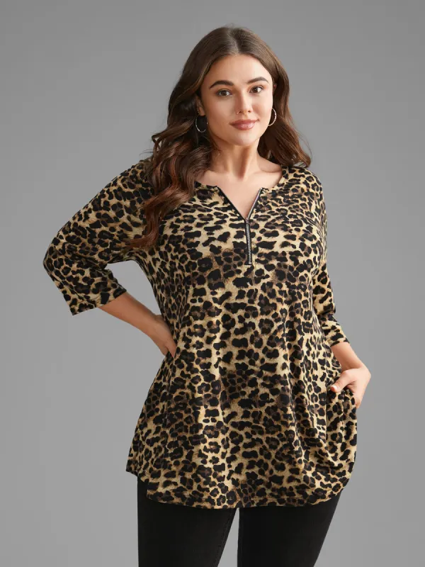Leopard Print Half Zipper Arc Hem T-shirt sold by Bloomchic