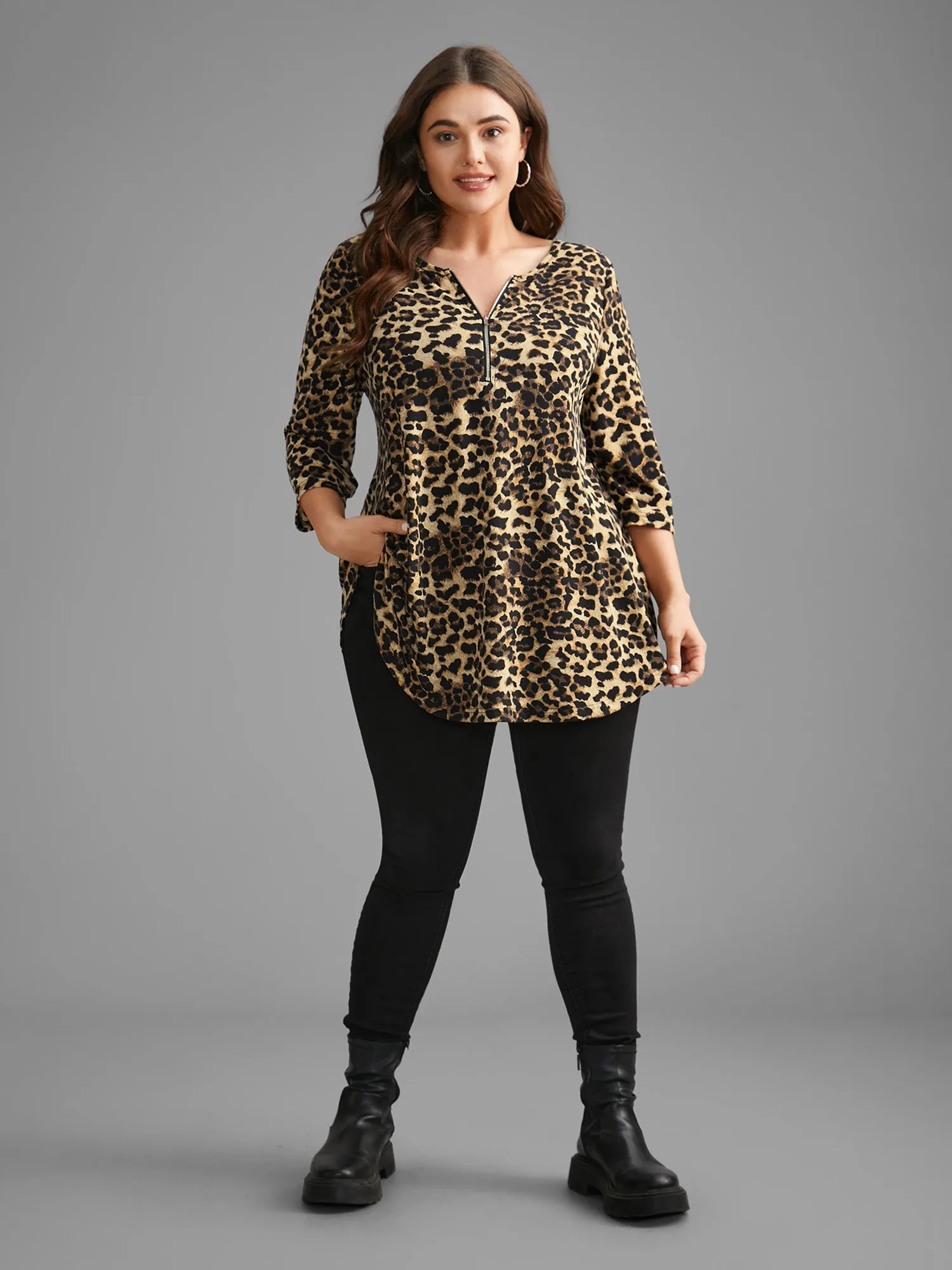 Leopard Print Half Zipper Arc Hem T-shirt sold by Bloomchic product image thumbnail 4