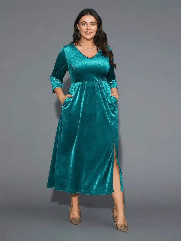 Velvet V-Neck Side Slit Maxi Dress sold by Bloomchic