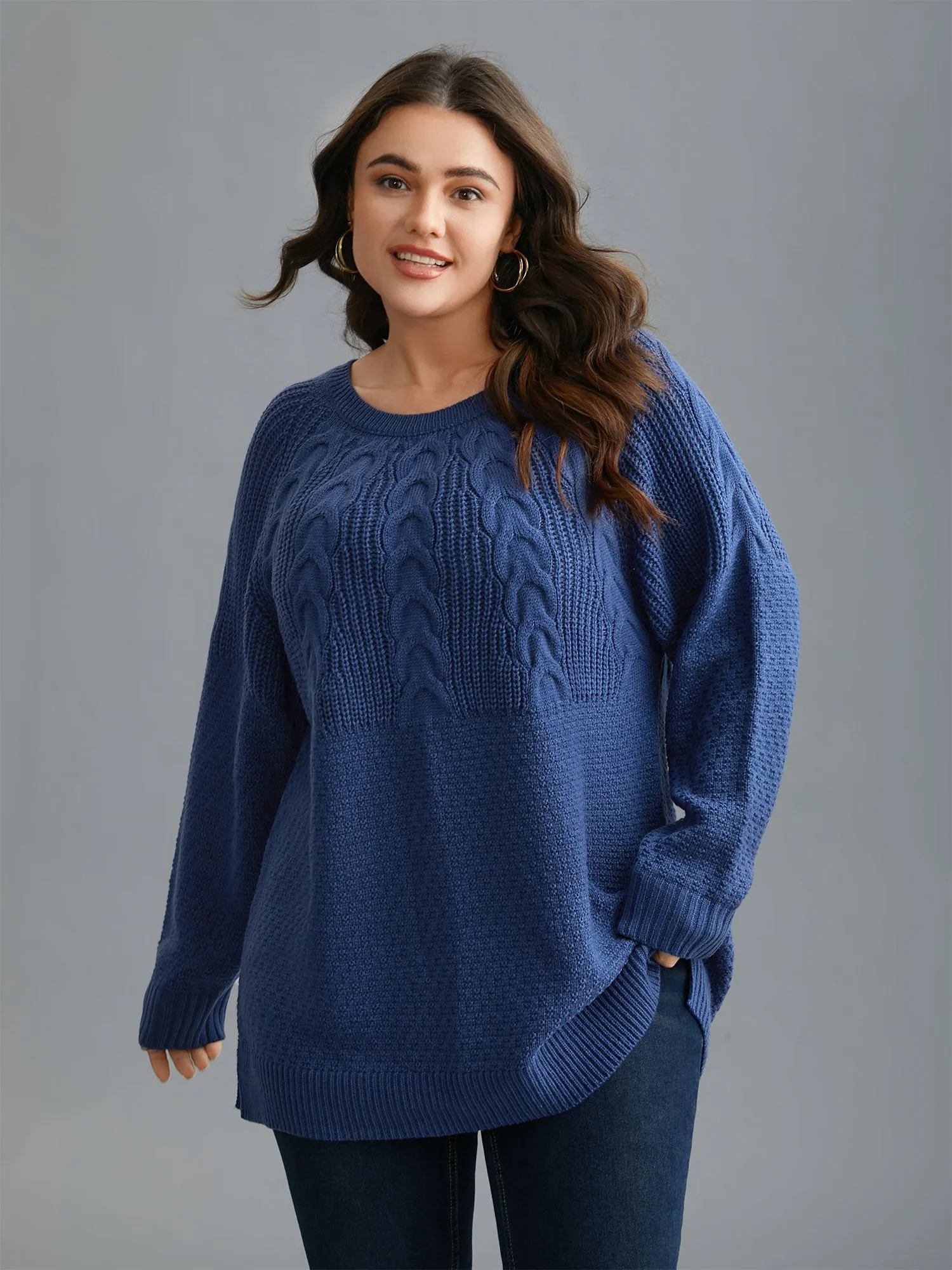 Cable Knit Raglan Sleeve Round Neck Pullover sold by Bloomchic product image thumbnail 2