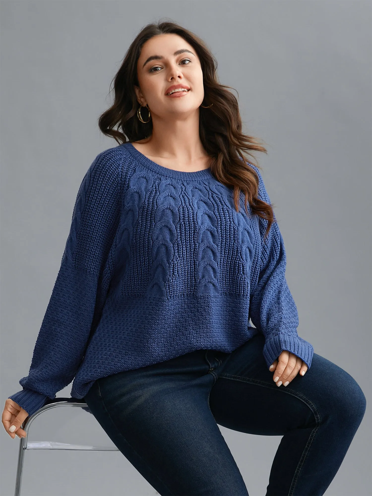 Cable Knit Raglan Sleeve Round Neck Pullover sold by Bloomchic