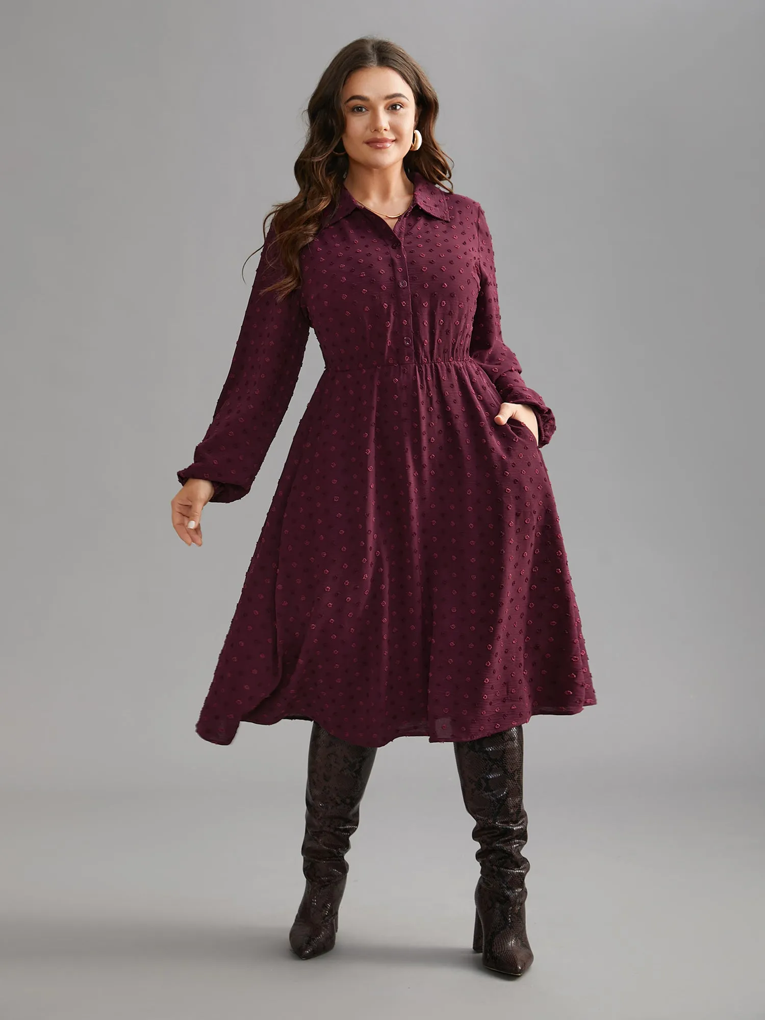 Textured Shirt Collar Button Front Midi Dress sold by Bloomchic