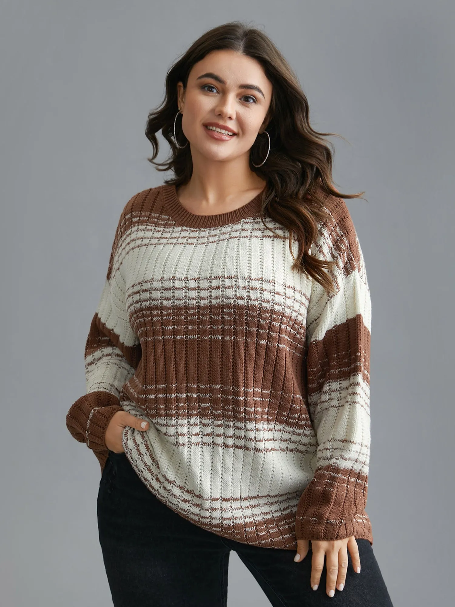 Contrast Textured Crew Neck Pullover sold by Bloomchic