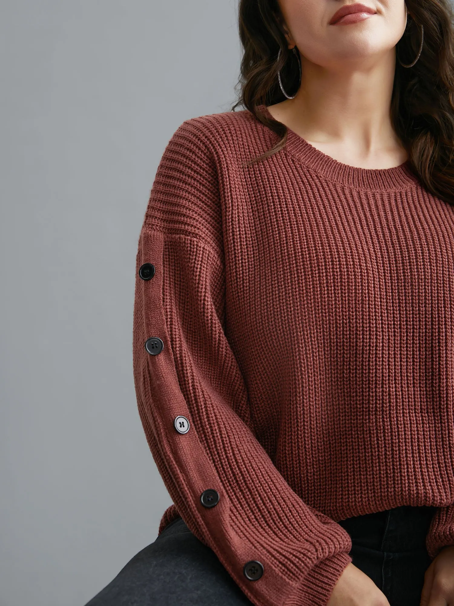 Textured Drop Shoulder Button Detailing Pullover sold by Bloomchic product image thumbnail 5