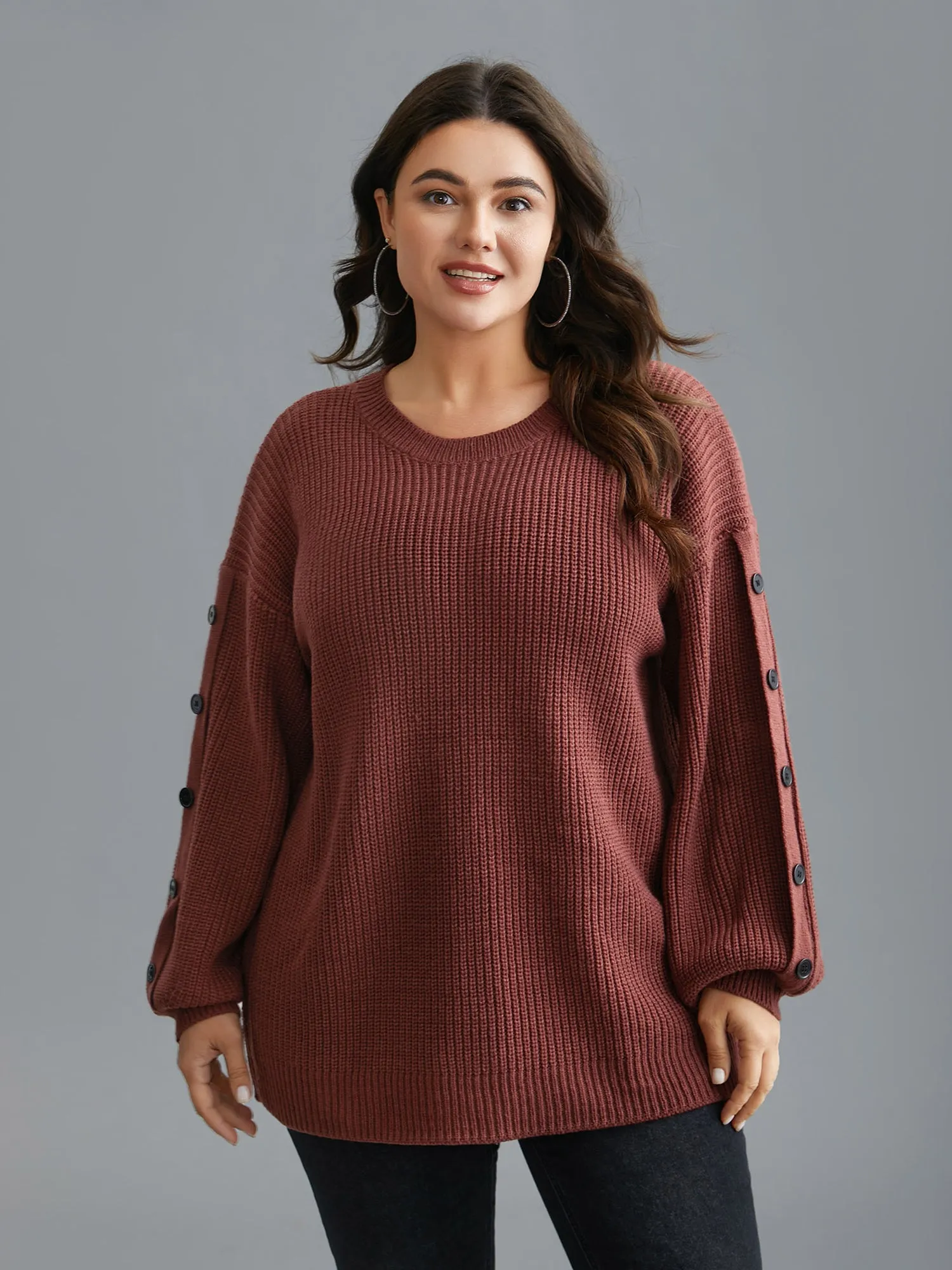 Textured Drop Shoulder Button Detailing Pullover sold by Bloomchic product image thumbnail 3