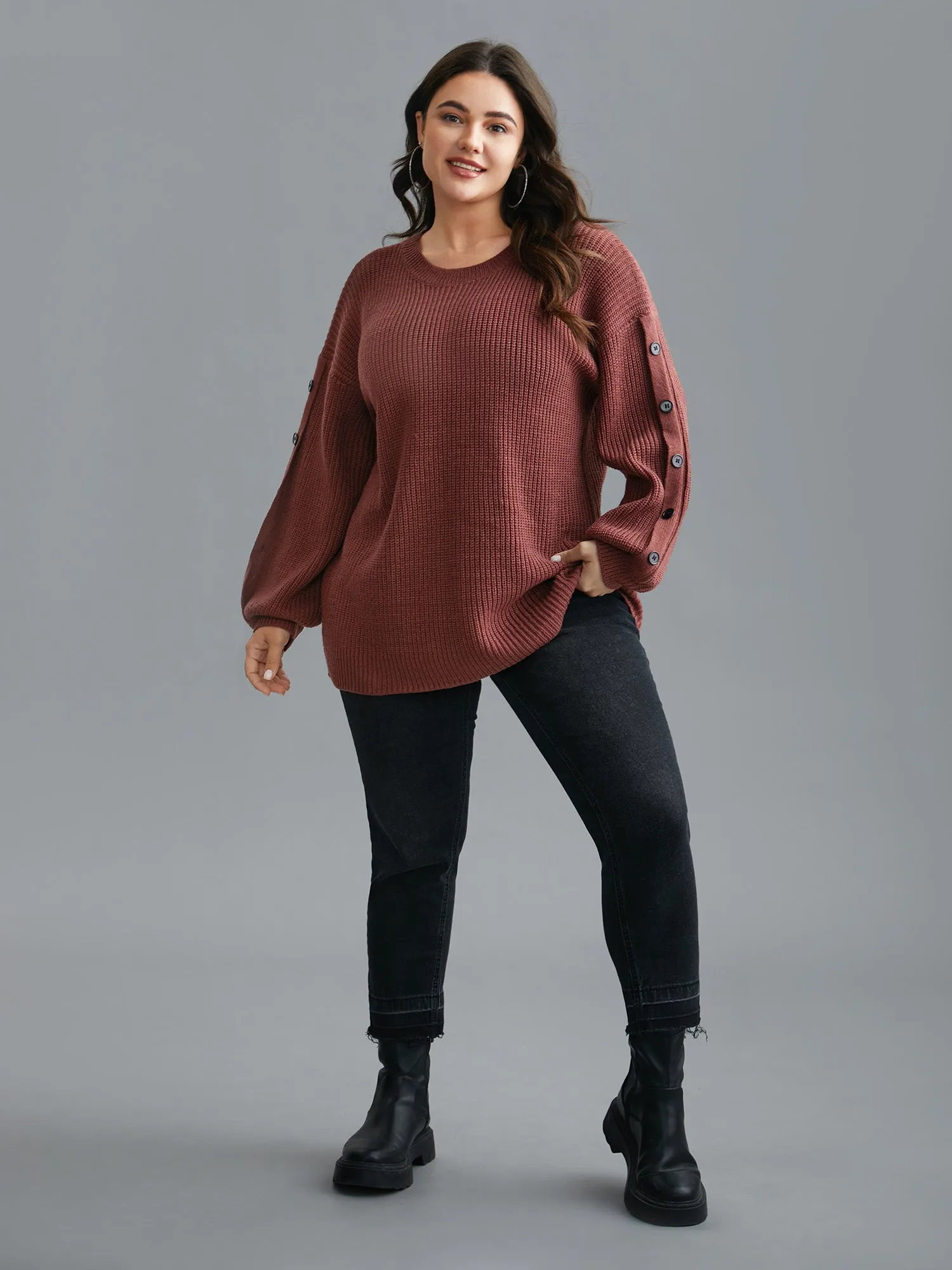 Textured Drop Shoulder Button Detailing Pullover sold by Bloomchic product image thumbnail 4
