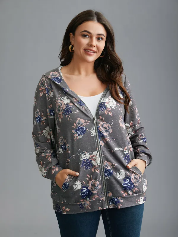 Floral Print Zipper Front Hooded Sweatshirt sold by Bloomchic