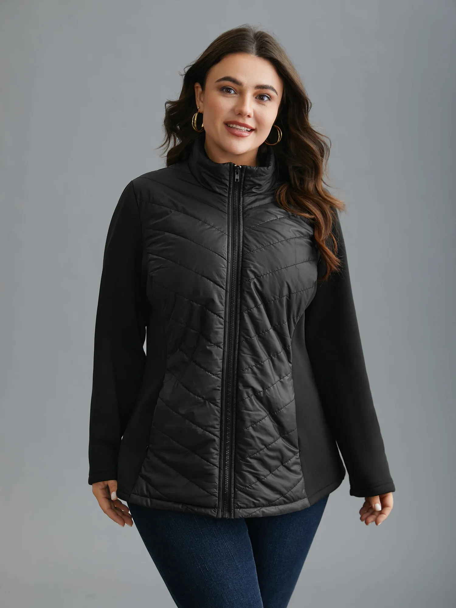 Funnel Neck Contrasting Design Zipper Coat sold by Bloomchic