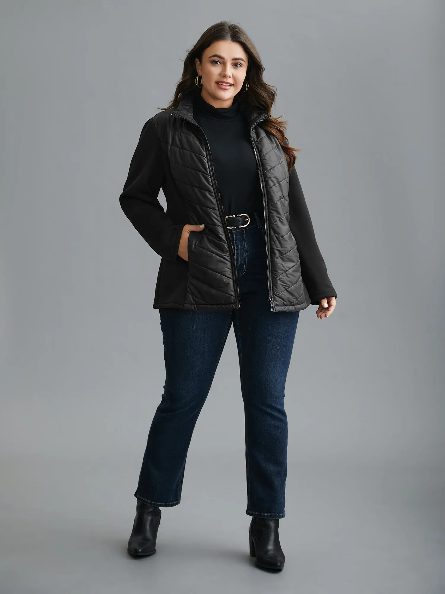 Funnel Neck Contrasting Design Zipper Coat sold by Bloomchic product image thumbnail 2