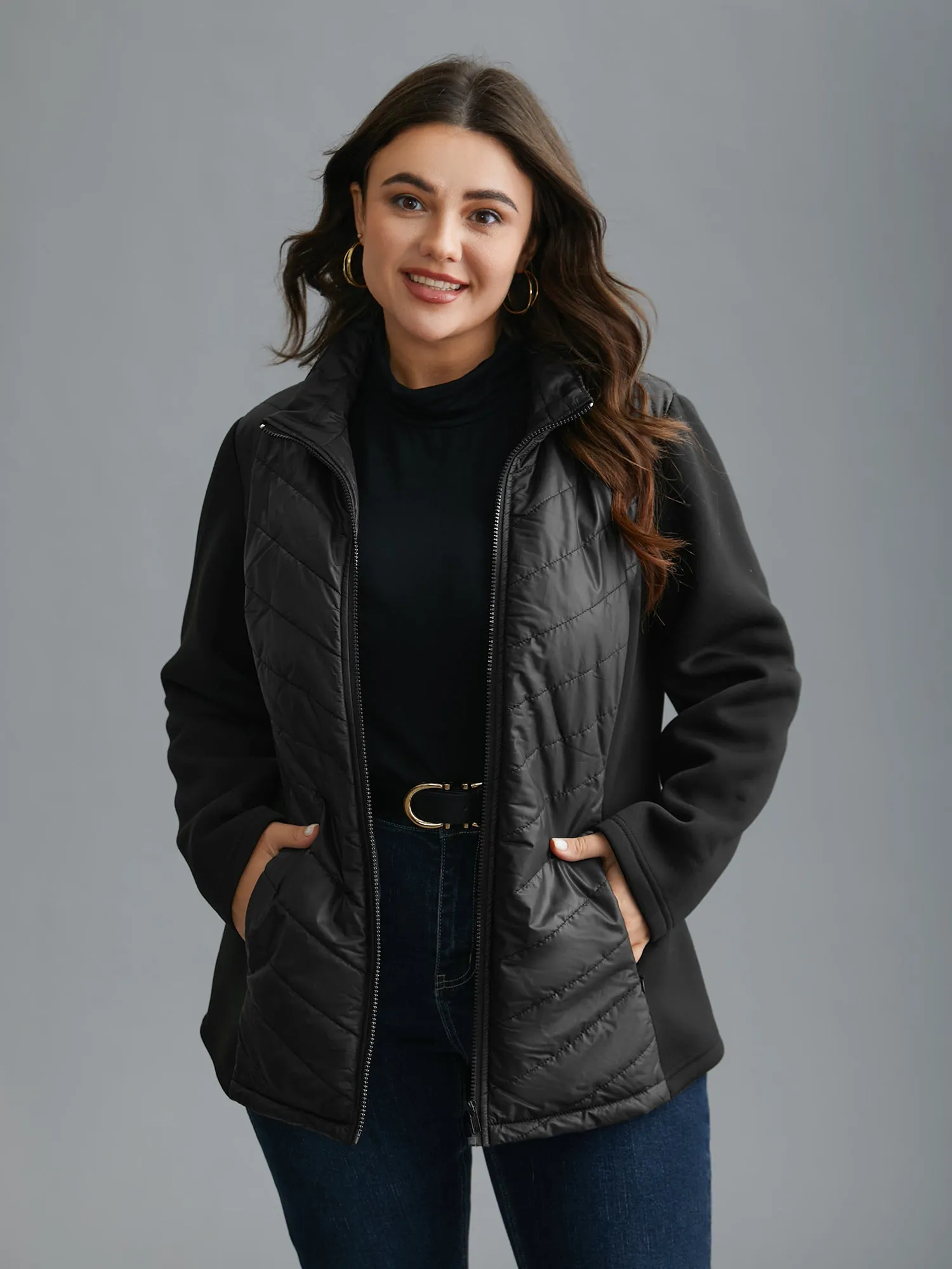 Funnel Neck Contrasting Design Zipper Coat sold by Bloomchic product image thumbnail 3