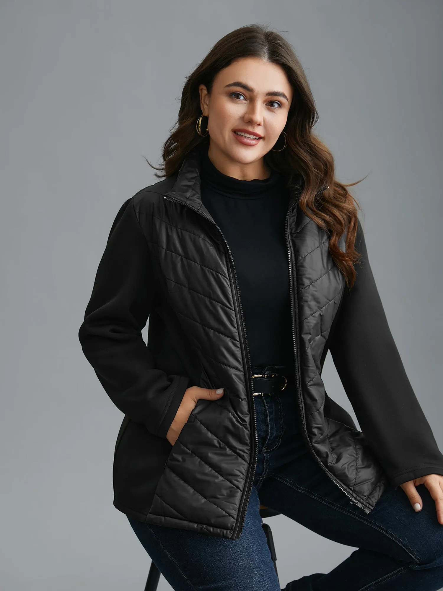 Funnel Neck Contrasting Design Zipper Coat sold by Bloomchic product image thumbnail 4