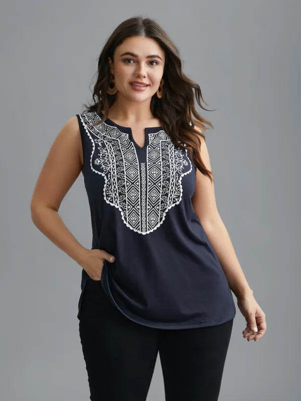Geometric Printed Notched Collar Slim-Fit Tank Top sold by Bloomchic