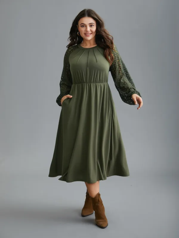 Crew Neck Crochet Lace Pleated Dress sold by Bloomchic