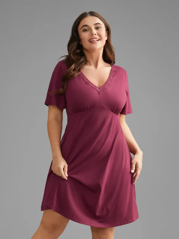 V Neck Lace Trim Sleep Ruffle Sleeve Dress sold by Bloomchic