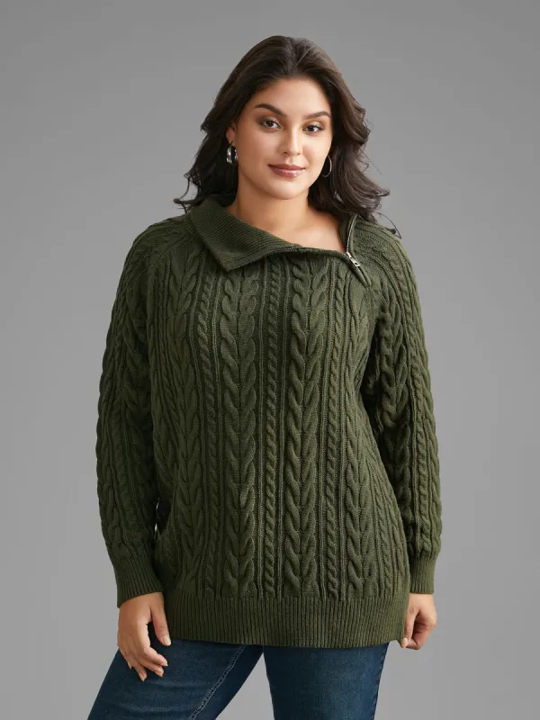 Asymmetrical Neck Cable Knit Zipper Pullover sold by Bloomchic