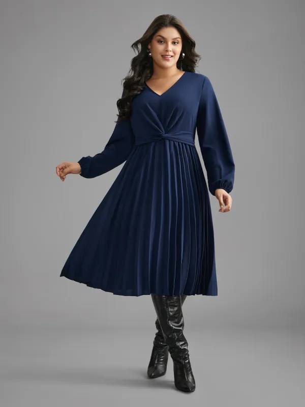 V Neck Twist Front Pleated Dress sold by Bloomchic