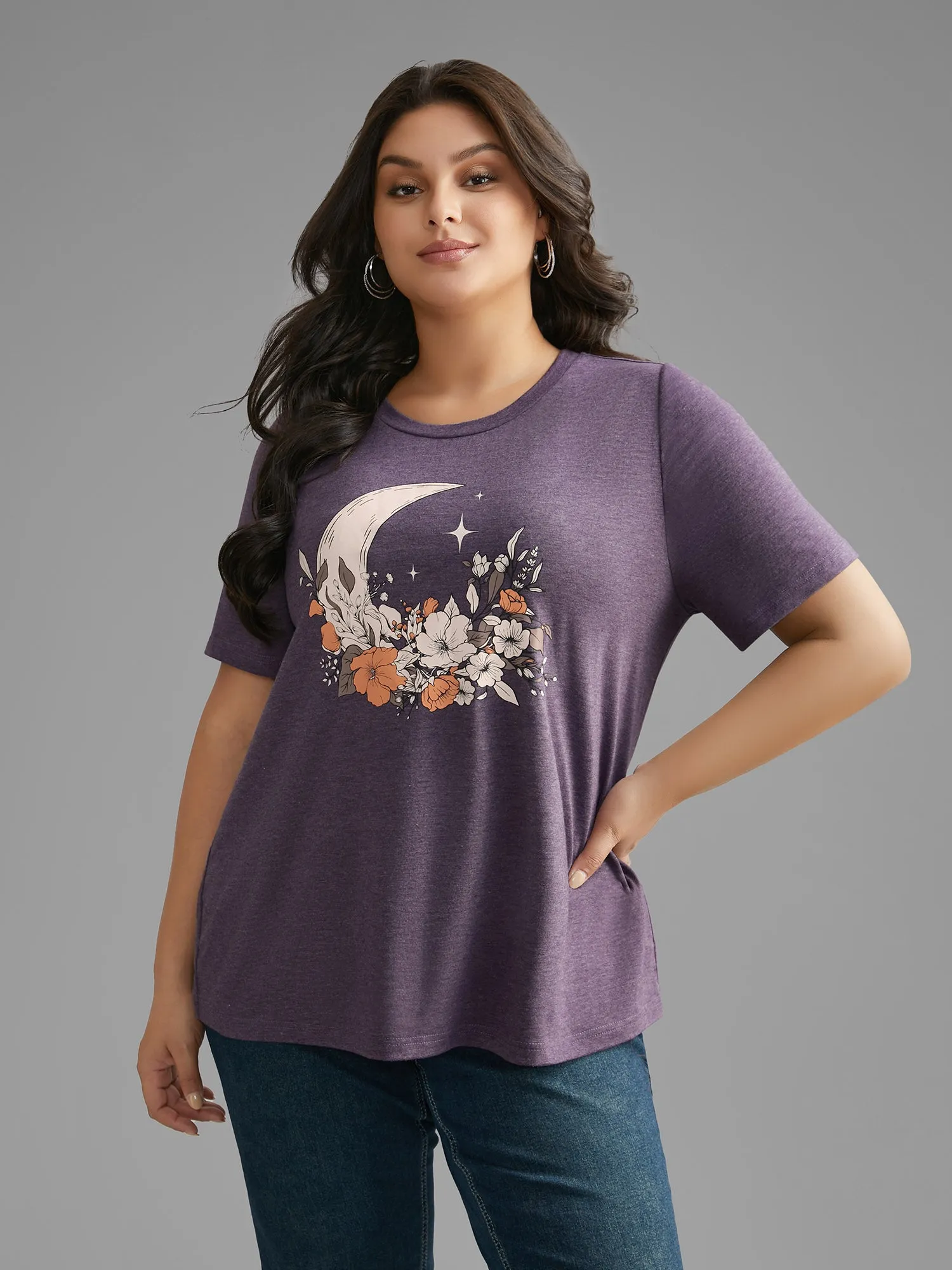 Round Neck Moon & Floral Print T-shirt sold by Bloomchic product image thumbnail 3