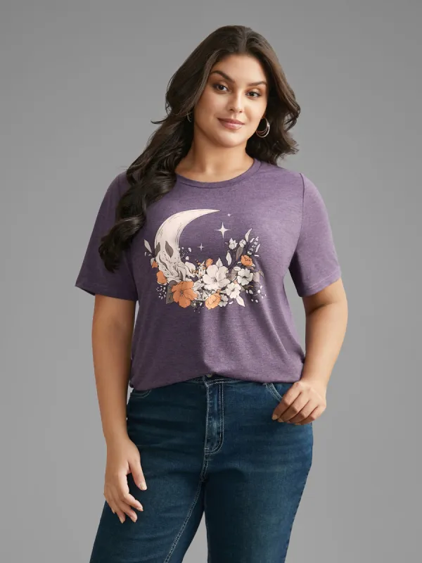 Round Neck Moon & Floral Print T-shirt sold by Bloomchic