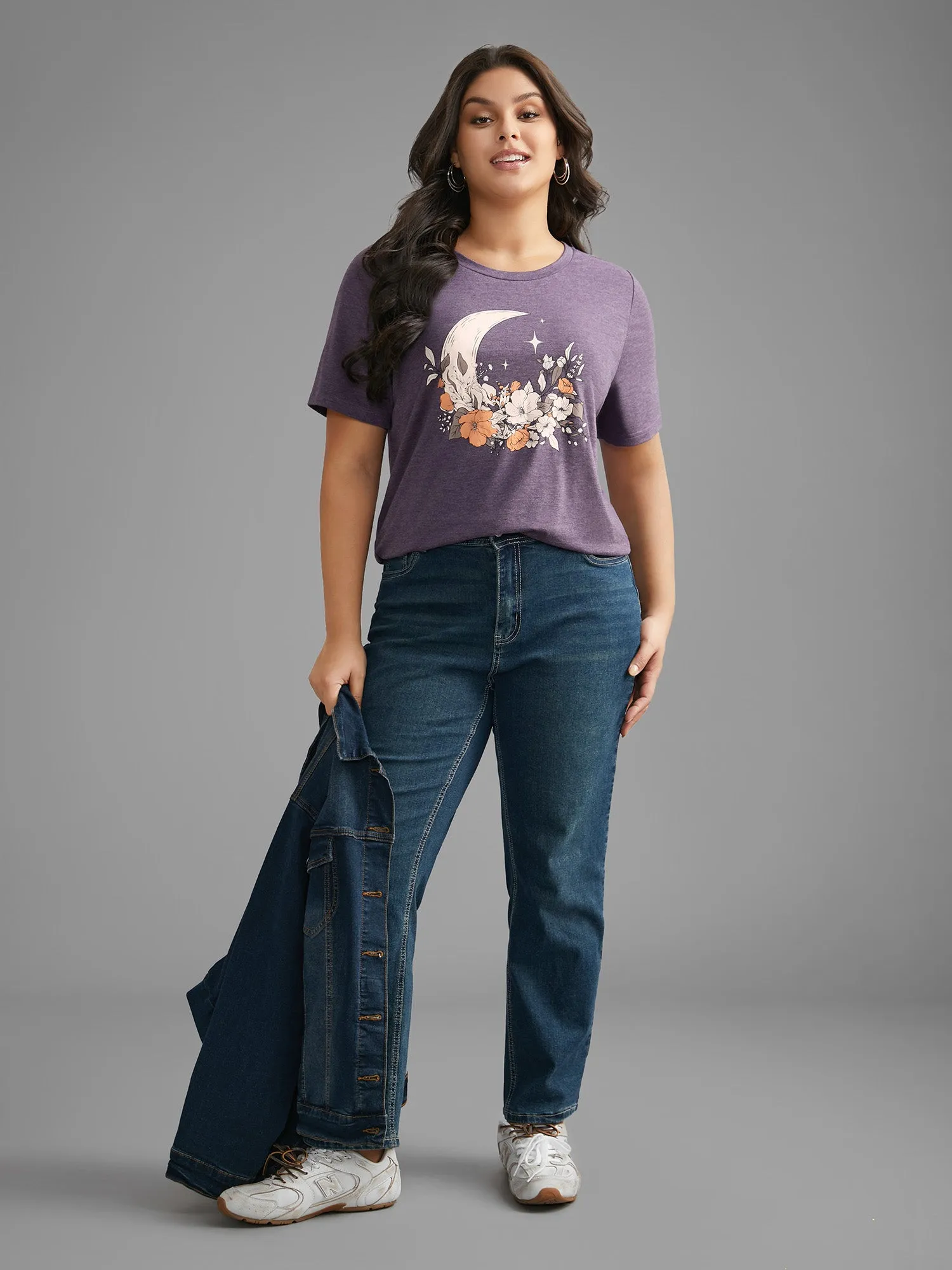Round Neck Moon & Floral Print T-shirt sold by Bloomchic product image thumbnail 2