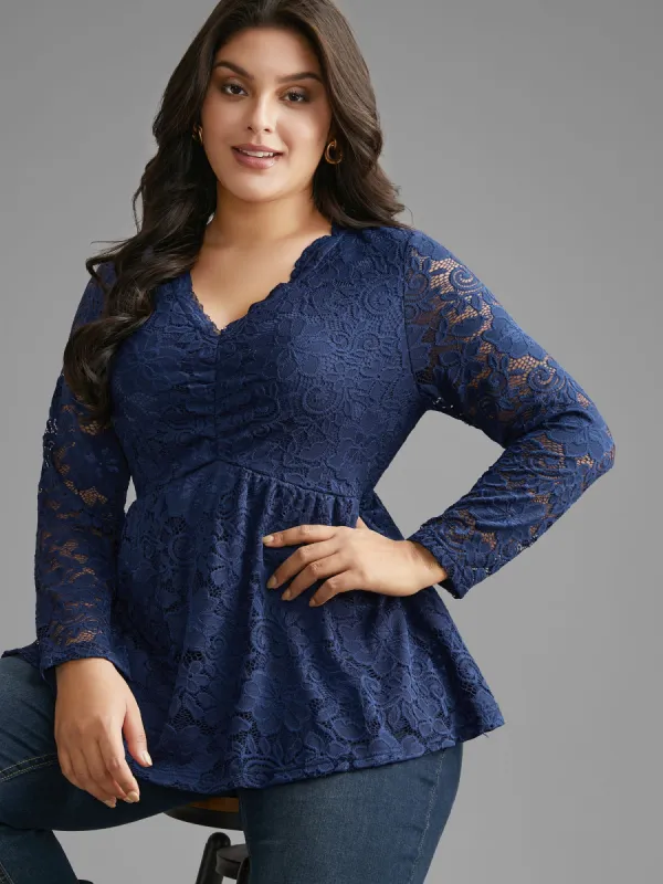 Crochet Lace Mesh Ruched Jersey Top sold by Bloomchic