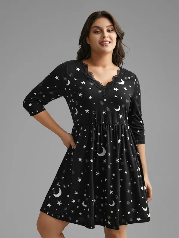 Moon & Star Print Lace Trim Sleep Dress sold by Bloomchic