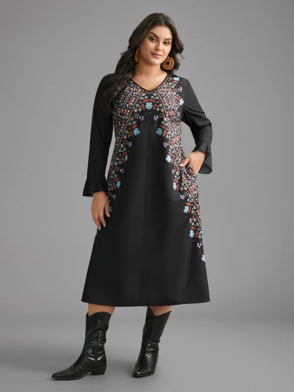 Boho Print Ruffle Sleeve Midi Dress sold by Bloomchic