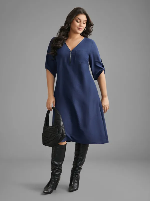 Solid Half Zip Tab Sleeve Dress sold by Bloomchic
