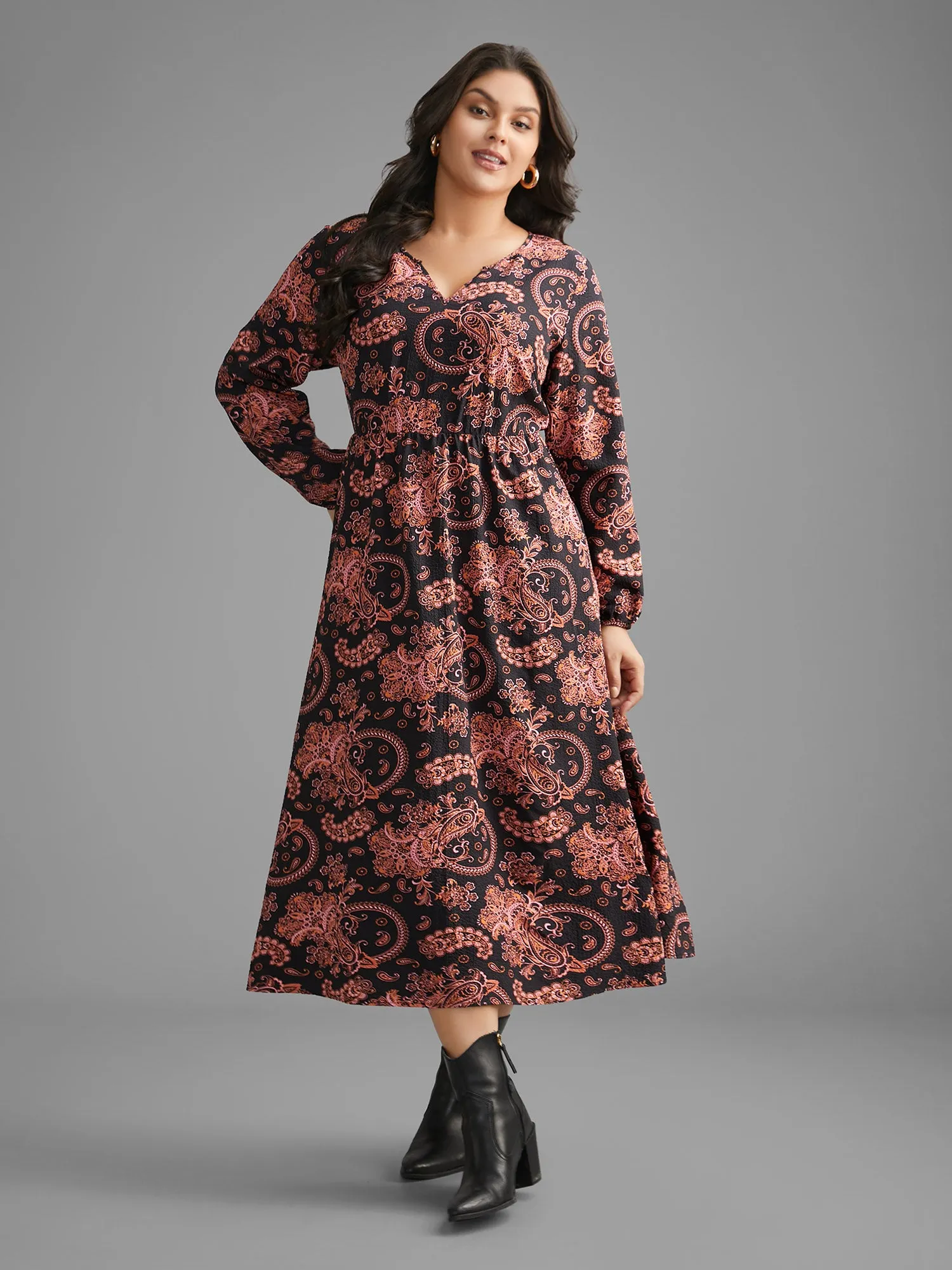 Boho Print Notched Collar Lantern Sleeve Dress sold by Bloomchic
