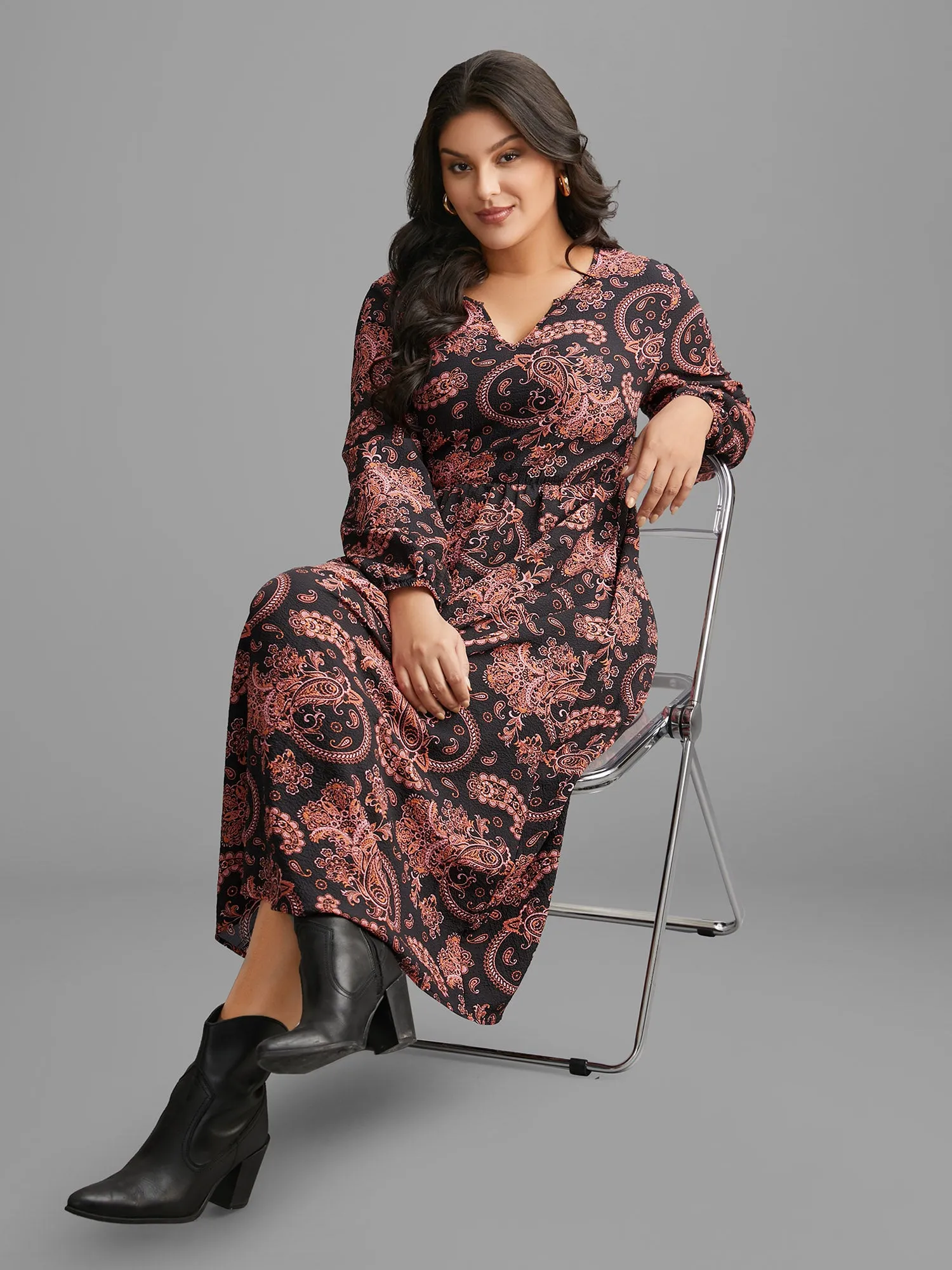 Boho Print Notched Collar Lantern Sleeve Dress sold by Bloomchic product image thumbnail 3