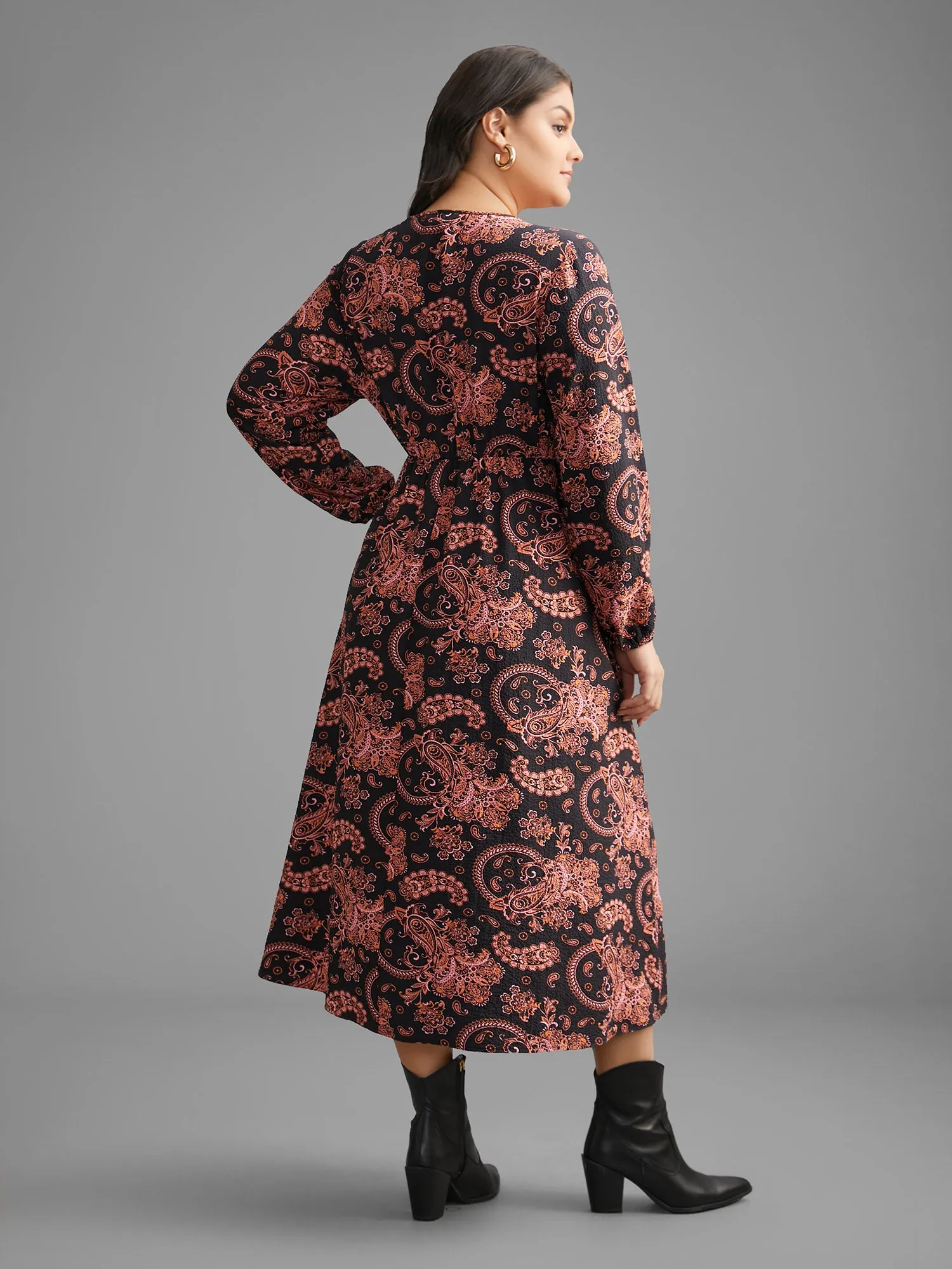 Boho Print Notched Collar Lantern Sleeve Dress sold by Bloomchic product image thumbnail 5