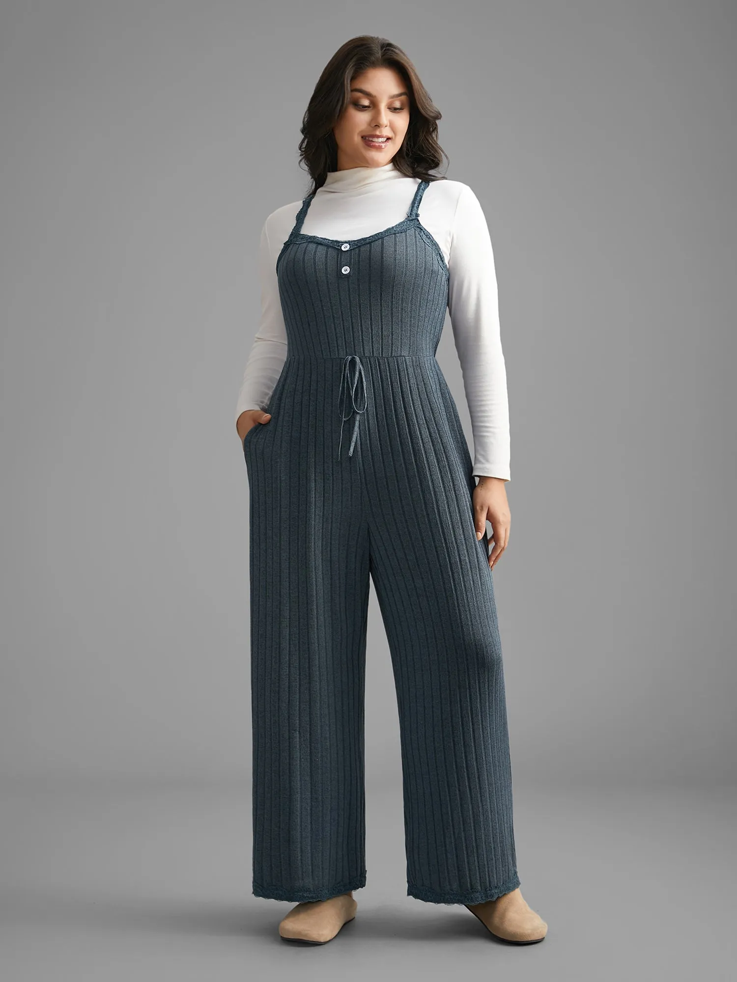 Plain Lace Patchwork Tie Knot Lounge Jumpsuit sold by Bloomchic