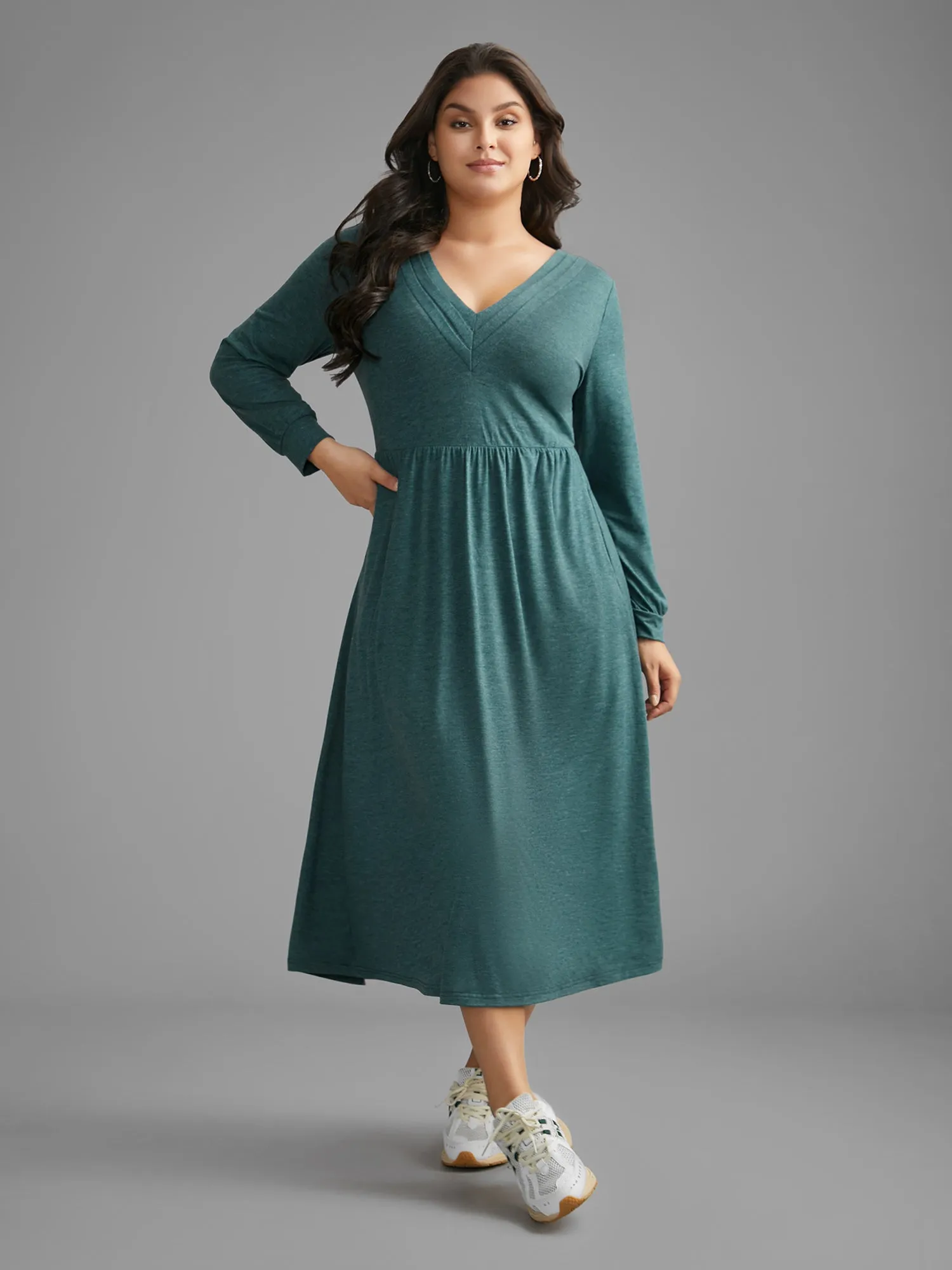 Solid V Neck Pleated Knit Dress sold by Bloomchic product image thumbnail 3