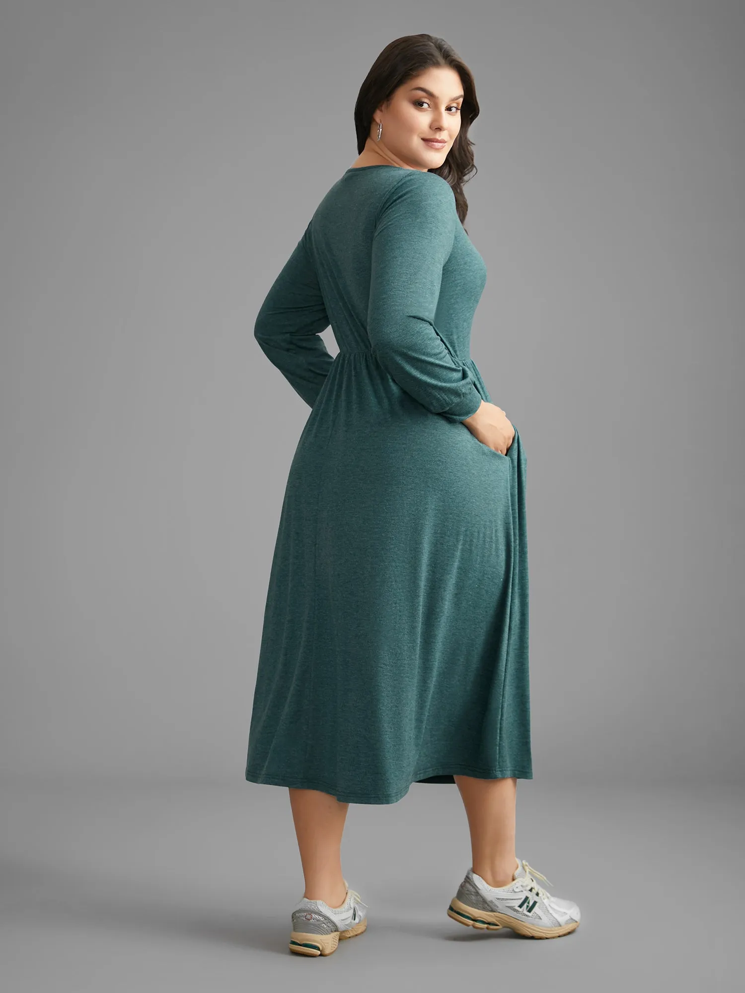 Solid V Neck Pleated Knit Dress sold by Bloomchic product image thumbnail 4