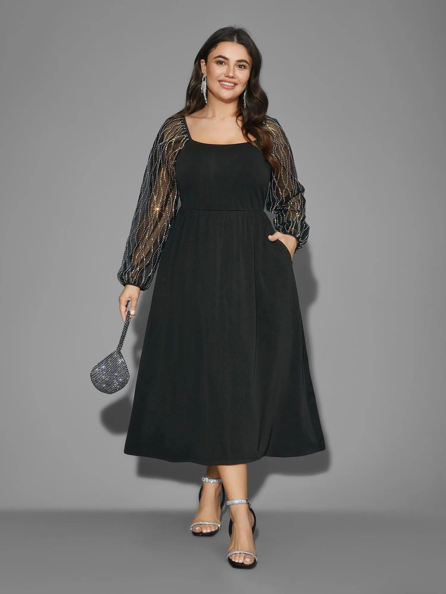 Square Neck Patchwork Sequin Mesh Dress sold by Bloomchic product image thumbnail 3