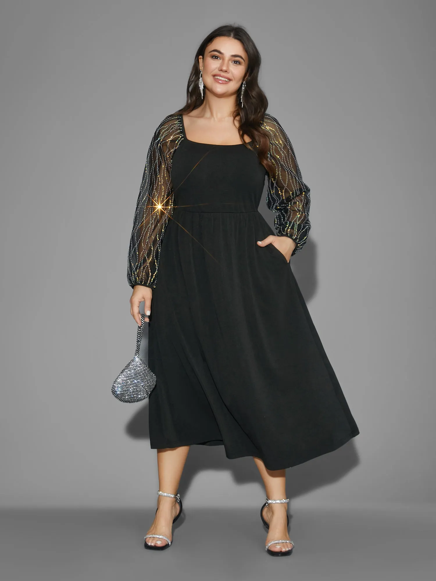 Square Neck Patchwork Sequin Mesh Dress sold by Bloomchic