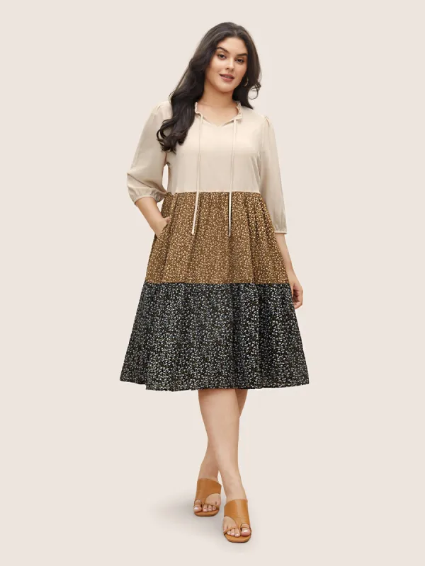 Tie Neck Ditsy Floral Colorblock Contrast Frill Trim Dress sold by Bloomchic