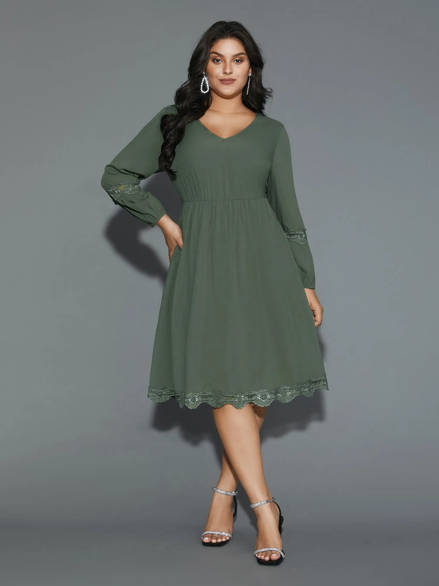 Lace Detailing Pockets V-Neck Midi Dress sold by Bloomchic product image thumbnail 4