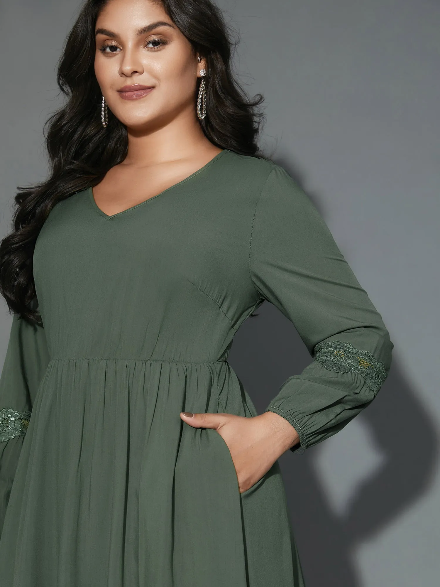 Lace Detailing Pockets V-Neck Midi Dress sold by Bloomchic product image thumbnail 2