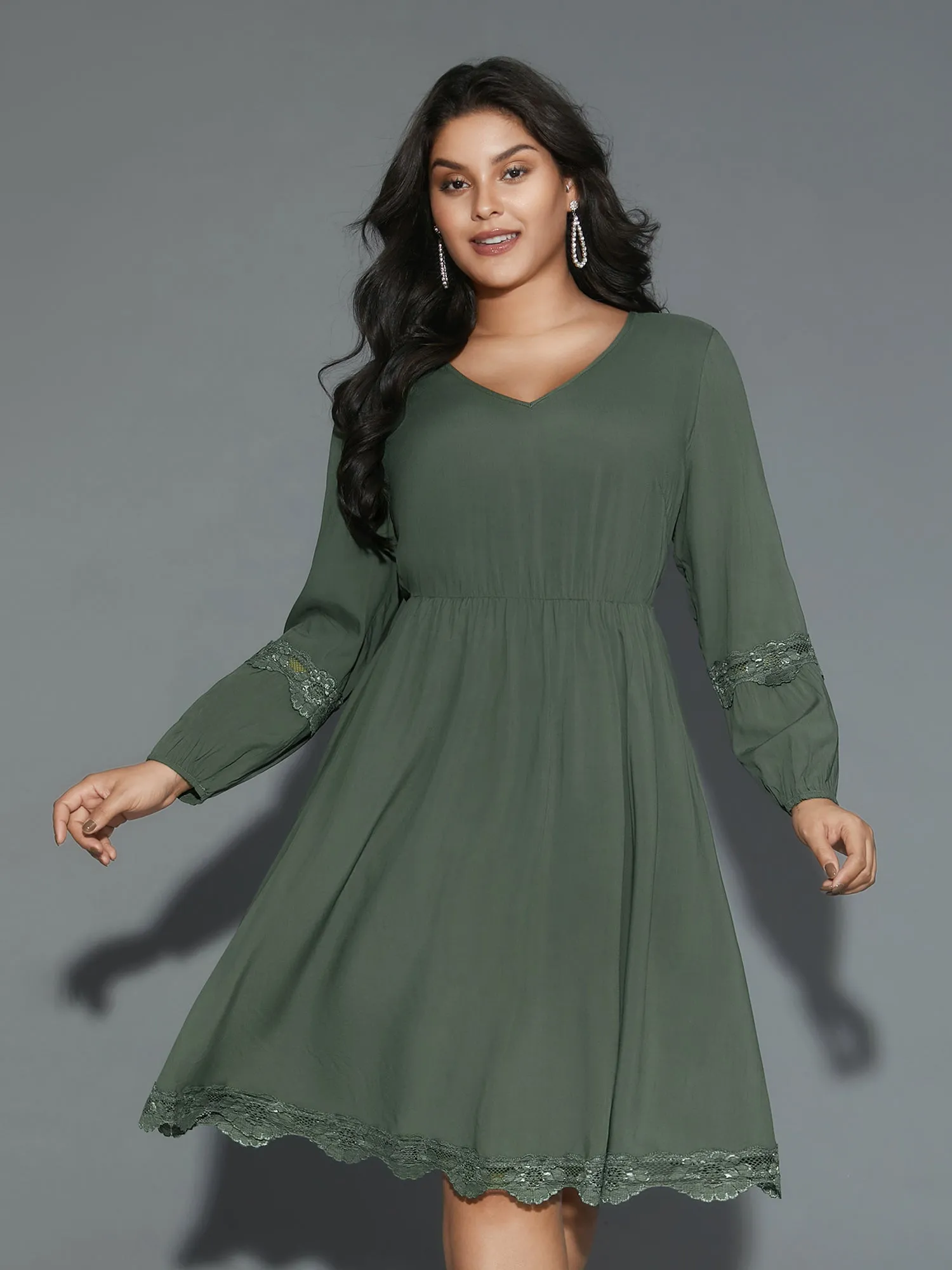 Lace Detailing Pockets V-Neck Midi Dress sold by Bloomchic