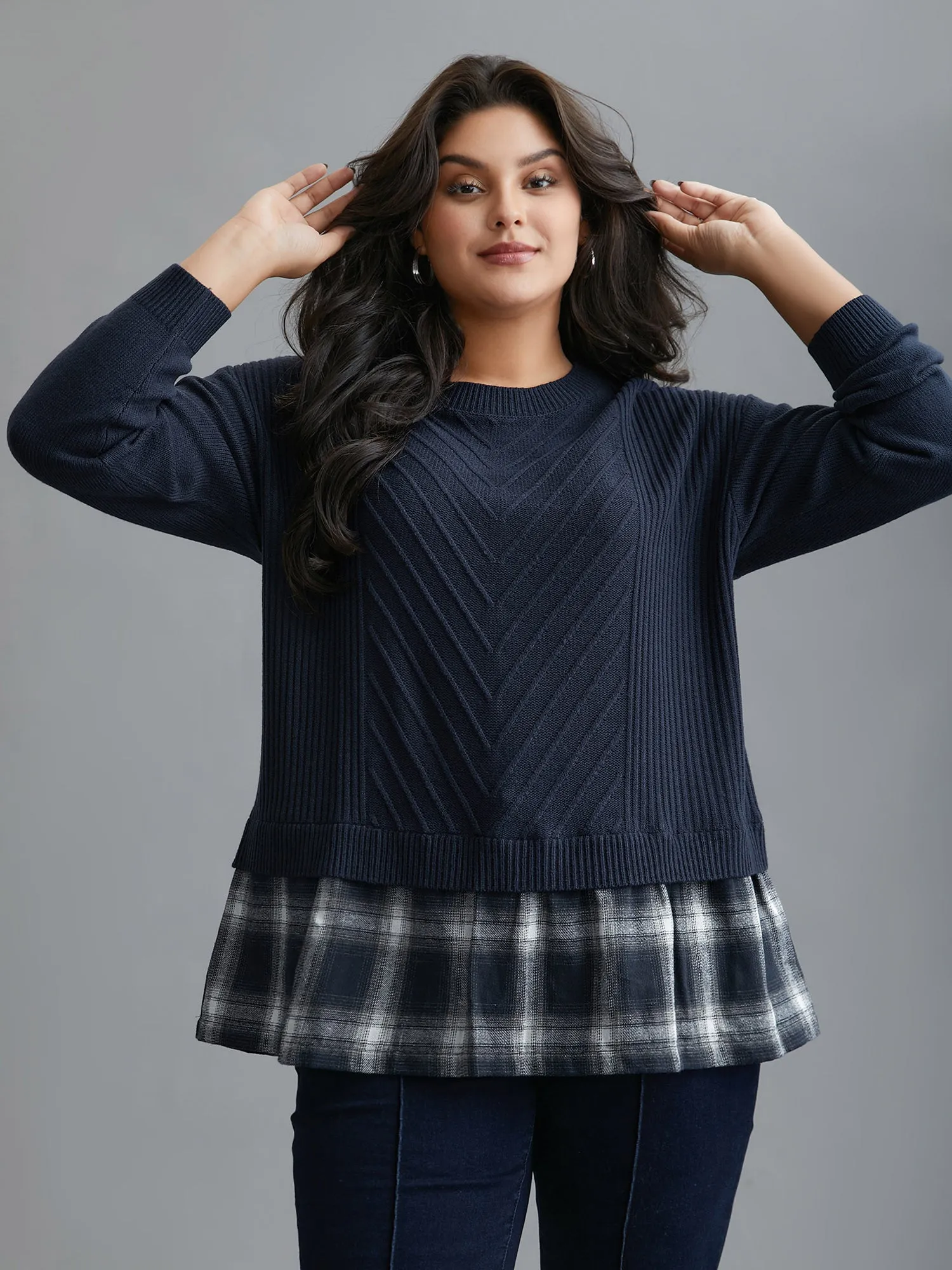 2-In-1 Plaid Patchwork Texture Pullover sold by Bloomchic product image thumbnail 3