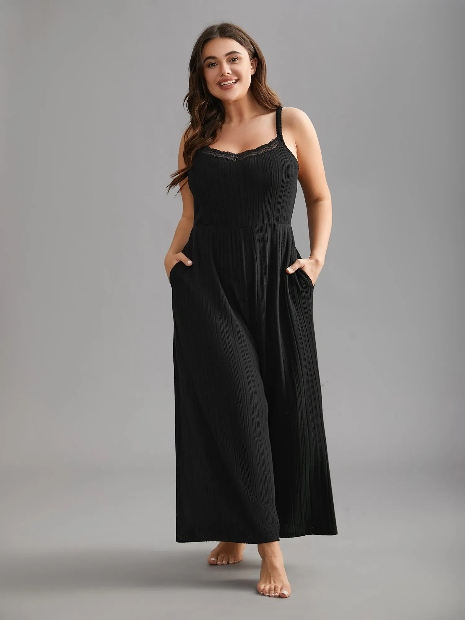 Sheer Lace Neckline Textured Pajamas Jumpsuit sold by Bloomchic product image thumbnail 3